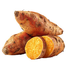 Close-up of sweet potatoes, some sliced, showing orange flesh