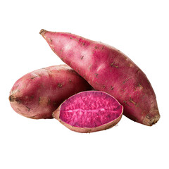 Two vibrant purple sweet potatoes, one sliced