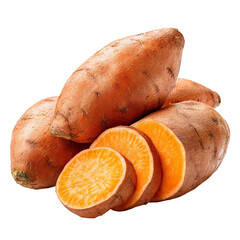 Fresh sweet potatoes, whole and sliced, vibrant orange flesh