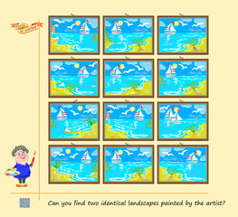 Can you find two identical landscapes painted by the artist? Game Seek and Find. Logic puzzle for children and adults. Brain teaser book. IQ test for attentiveness. Hand drawn flat vector illustration