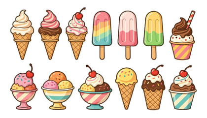 Hand Drawn Ice Cream Set Isolated On transparent Background Vector Illustration. Delicious Dessert Vector Collection: Cones, Popsicles, and Sundaes. Set of Cartoon Colored Doodle Ice Cream vector.