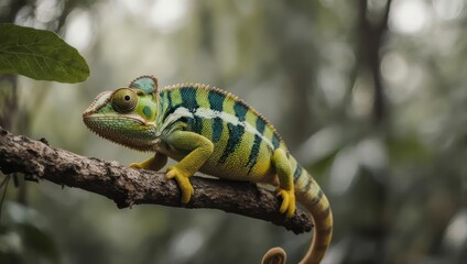 Colorful chameleon perched on a branch in its natural habitat.