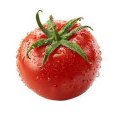 Single, wet tomato with green stem