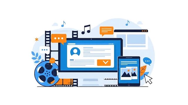 Illustrative concept of multimedia content creation, online publishing, and digital distribution across various devices for social media engagement and marketing