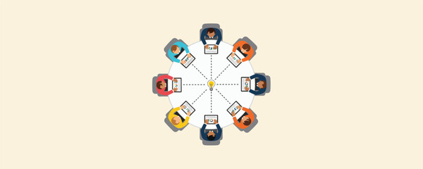 Business people sitting around round table with light bulb idea at center and dashed lines connecting to each person showing teamwork and collaboration concept
