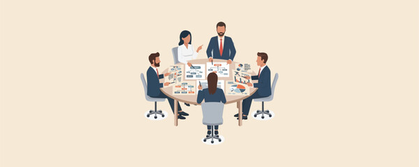 Business team in formal attire conducting a meeting around oval conference table reviewing charts and documents in professional office setting vector illustration