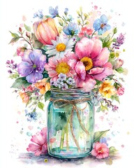 Colorful floral arrangement in glass jar.