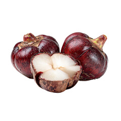 Three dark-red fruits, one sliced, showing white interior