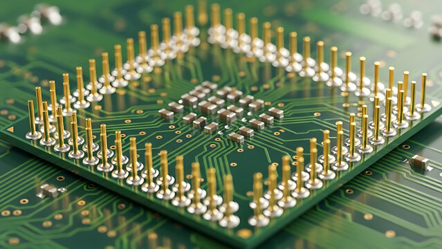 Futuristic central processor unit with golden pins set on a complex digital circuit board