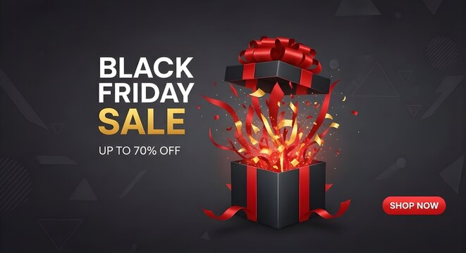 Black friday sale with open gift box and ribbons on a dark background design