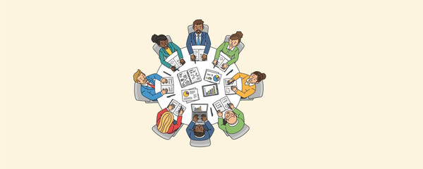 Diverse business people collaborating around a round table filled with documents and charts showing data analysis and creative ideas in an office setting