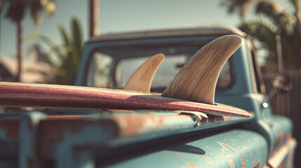 Surfboard perched on a vintage truck, a symbol of freedom and adventure