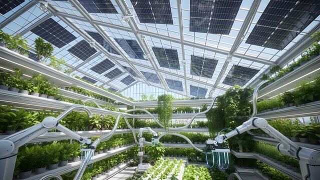 Modern glass architecture of an urban greenhouse for plant cultivation and horticulture