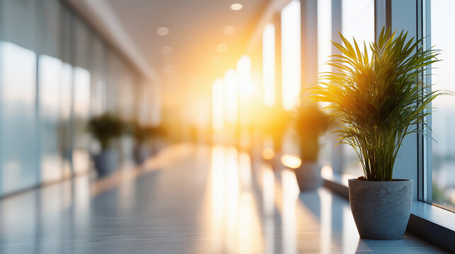 Vibrant potted palm next to large windows in a bright, sleek, modern corporate office hallway, strongly illuminated by intense golden hour sunset flare.