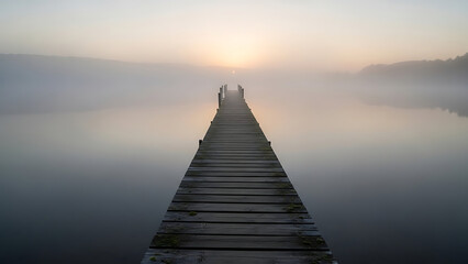 Obraz premium Wooden Pier Extending Over Calm Water into the Fog at Sunrise with the Sun Low in the Sky