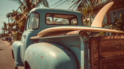 A vintage pickup truck with a surfboard on its bed, parked on a sun-drenched street