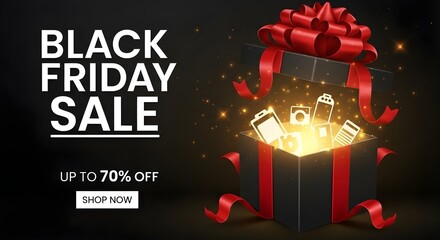 Black friday sale promotion with gift box and electronics on dark background