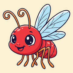 Obraz premium Cute cartoon red ant with big eyes and blue wings smiling.