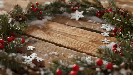 Christmas, holiday, decoration, wooden, background, festive, red berries, snowflakes, pine branches, seasonal