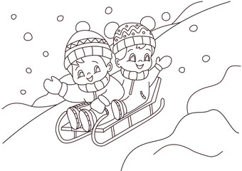 Winter coloring page for children. Children on sledges going down the hill. Funny, adorable coloring for kids.
