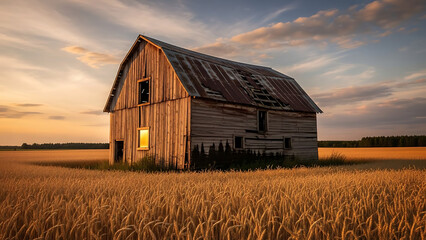 Obraz premium Sunset's Golden Embrace An Old Barn's Serene Presence Amidst a Wheat Field's Majesty
