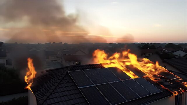 A residential roof fire with solar panels burning with large flames. Dramatic scene of a house on fire, with sunset in the background