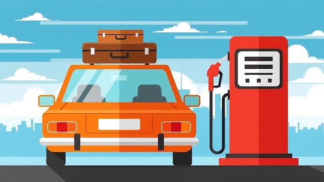 Classic car with luggage on roof parked at a gas station, ready for a road trip adventure across the city under a bright sky