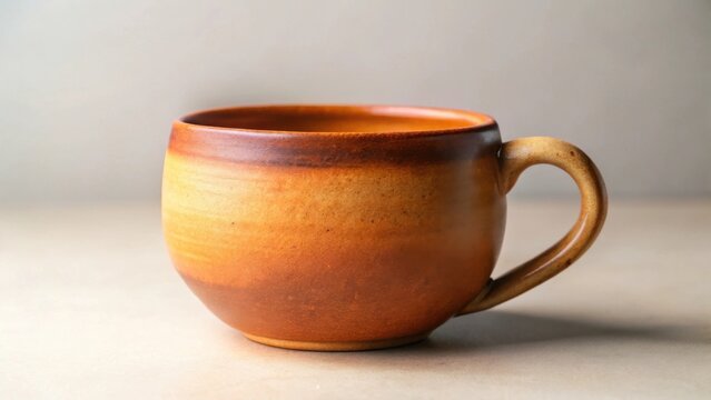 A rustic earthenware mug, subtly textured and glazed, sits on a neutral surface, showcasing its handcrafted charm and earthy tones.