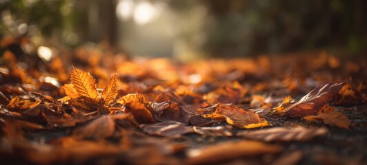 The leaves on a forest floor bathed in warm autumn sunlight and bokeh