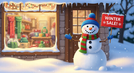 Cute snowman shows advertising sale near store in winter