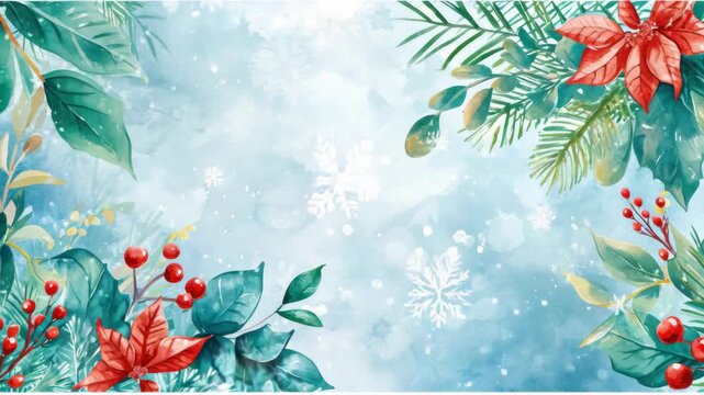 A festive border with winter berries and red poinsettias on a snowy backdrop. Perfect for holiday cards or wrapping paper.