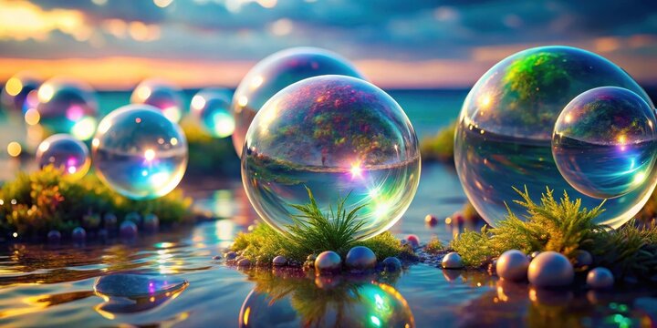 Enchanted iridescent spheres rest on a tranquil waterway, reflecting a vibrant sunset