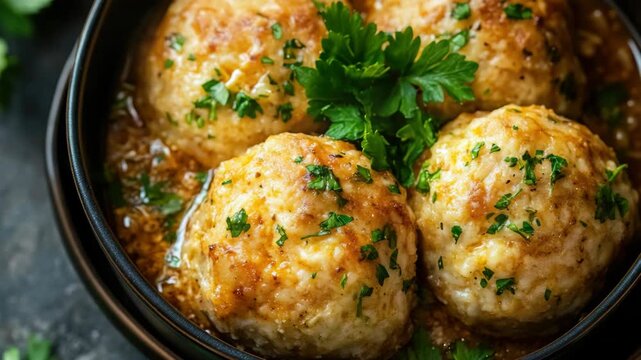Delicious mashed potatoes formed into balls and baked to a golden brown, served in a bowl and garnished with fresh parsley.