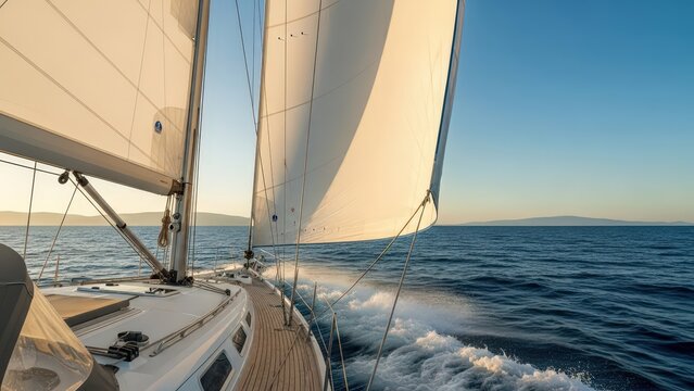 Sailboat cruising on open blue ocean water with white sails catching golden light during a bright sunny day