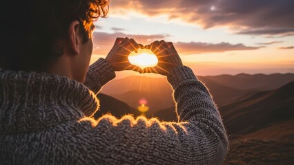 Young person making a heart shape with their hands, capturing golden sun rays at a beautiful mountain sunset