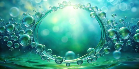 Abstract Teal Liquid Bubbles Forming a Circular Frame with a Soft Bokeh Background