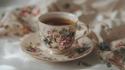 A delicate teacup filled with rich tea, placed on a matching saucer, against a floral patterned cloth. The porcelain cup is adorned with intricate floral designs.
