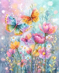 Vibrant butterflies fluttering among colorful blooming flowers.