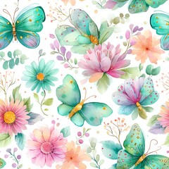 Colorful butterflies and flowers create a vibrant, joyful pattern.