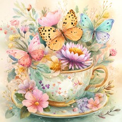 A colorful arrangement of butterflies and flowers in a cup.