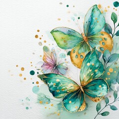 Colorful butterflies in watercolor style with floral elements.
