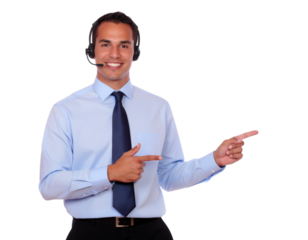 Young help desk agent pointing to the side while wearing professional headset, isolated on a transparent background, PNG