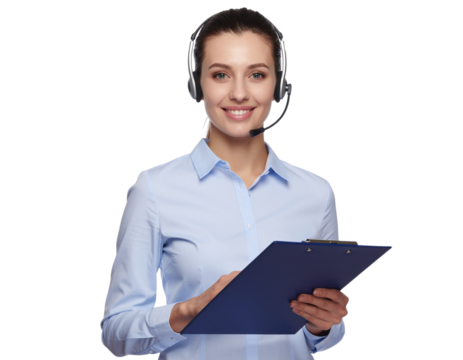 Tech support specialist taking notes with headset and clipboard in hand, isolated on a transparent background, PNG - Powered by Adobe
