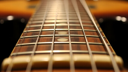 Fototapeta premium Close-up shot of a guitar's fretboard, showcasing strings and frets, focus on musical instrument