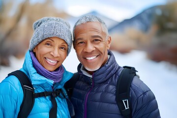 Cheerful senior African American couple smiling together outdoors, wearing warm jackets and hats, enjoying a winter day in a scenic natural environment with mountains in the background