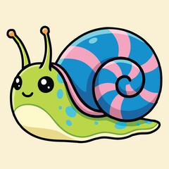 A charming cartoon snail with a vibrant blue and pink spiral shell and a cheerful green body.
