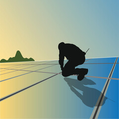 Green energy is harnessed by solar panel , silhouette of engineer working on solar panel against the blue sky at sunset vector illustration.	
