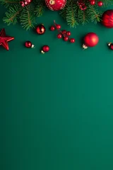 Fotobehang Beren Christmas background with xmas tree, Christmas red ornament on green background. Merry Christmas greeting card, border. Winter holiday theme. Happy New Year. Xmas decoration  © elenabdesign
