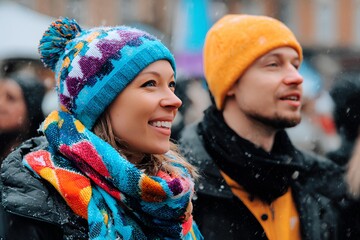 A joyful diverse couple beams with happiness, sporting colorful knit beanies and matching scarves as festive decorations, capturing the heartwarming spirit of a cozy winter celebration.