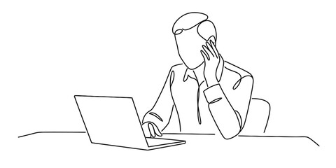 Continuous line drawing of a person working on a laptop at a desk, depicting focused concentration and deep thought, minimalist line art illustration Vector, illustration